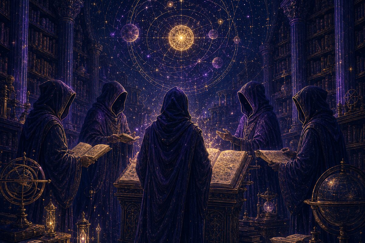 Five hooded figures studying together by lantern light beneath a ring of constellations, the anonymous group behind Love Asking Why