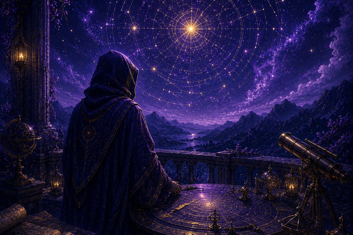 The Pilgrim, a hooded figure at a starlit terrace beneath a vast field of constellations