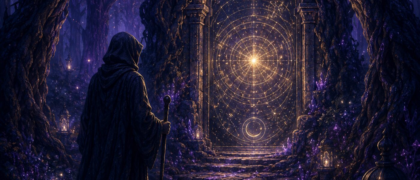 A hooded figure before a glowing doorway of light, an invitation to ask a question