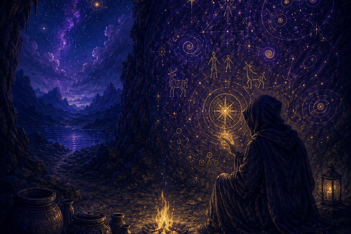 A hooded figure writing by a campfire beneath the constellations
