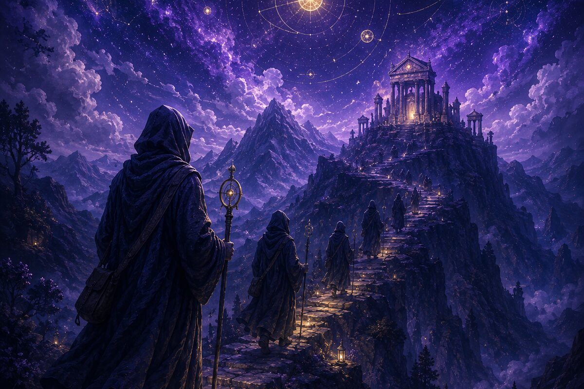 Hooded travelers climbing a lantern-lit mountain path toward a temple beneath the stars